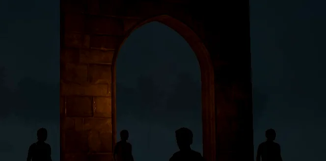 Four silhouettes stand before a stone arch on the ridge