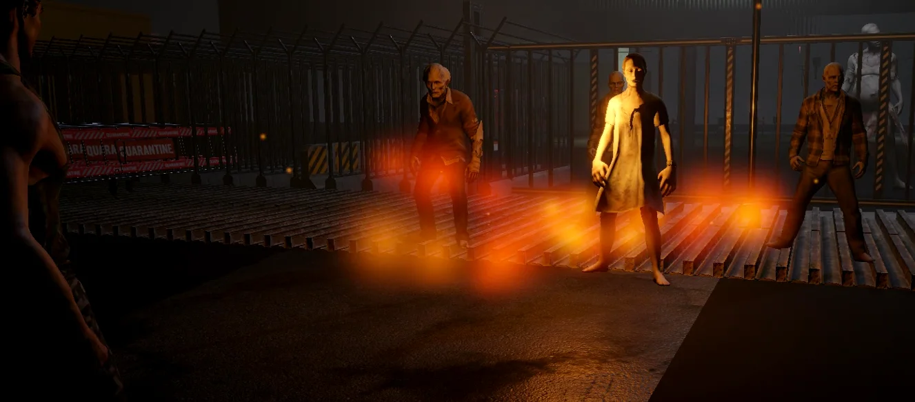 Infected residents walk through a burning molotov pool at a quarantine checkpoint