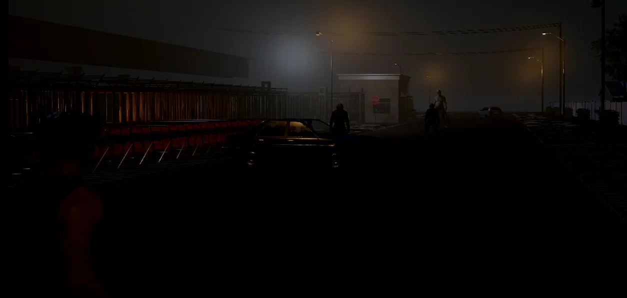A survivor watches figures under streetlights on a fogged suburban road
