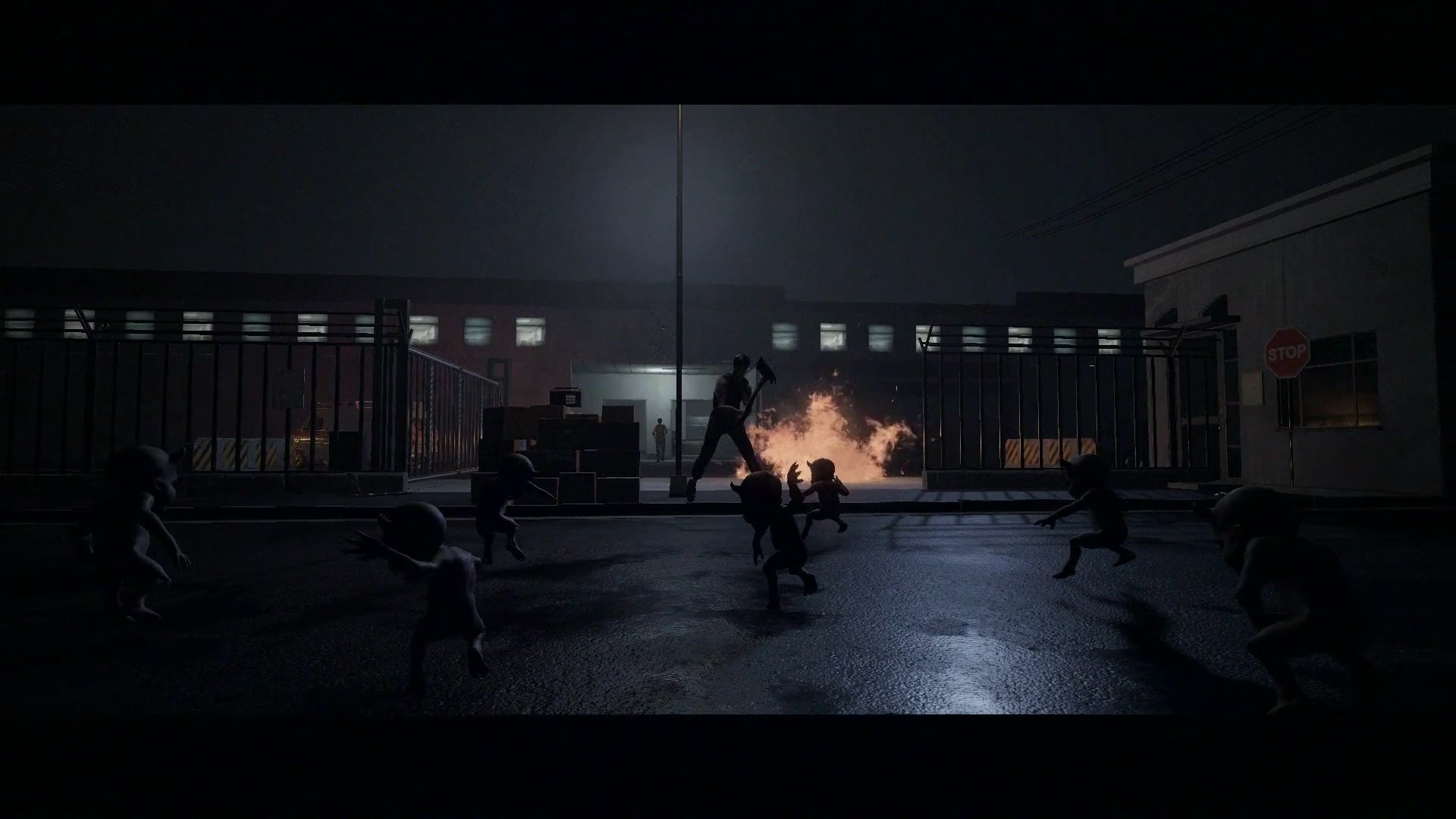 A pack of crawling demon babies rushes a survivor beside a burning molotov on a dark street