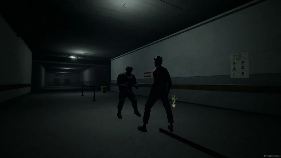 A charred infected closes on an armed survivor in a dark hospital corridor beneath a quarantine sign
