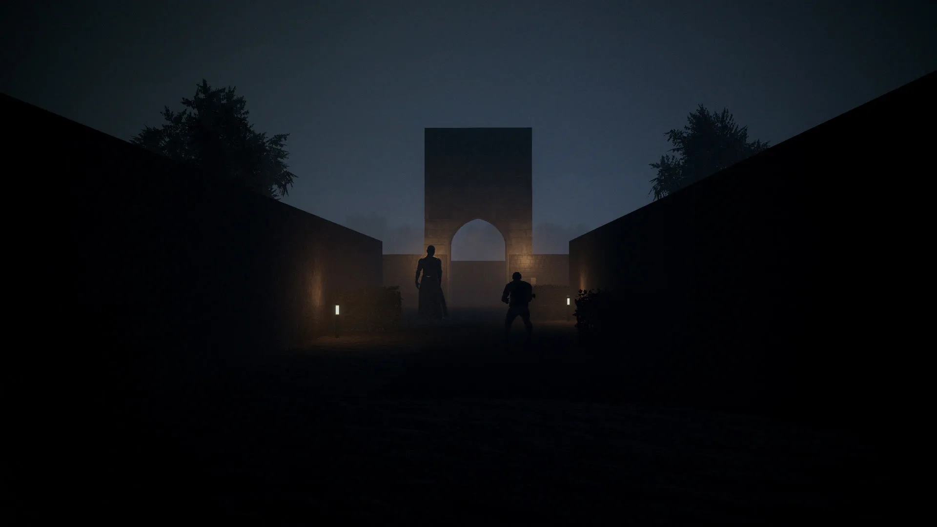 A figure waits in the fog before the abbey gate while a survivor holds back on the path