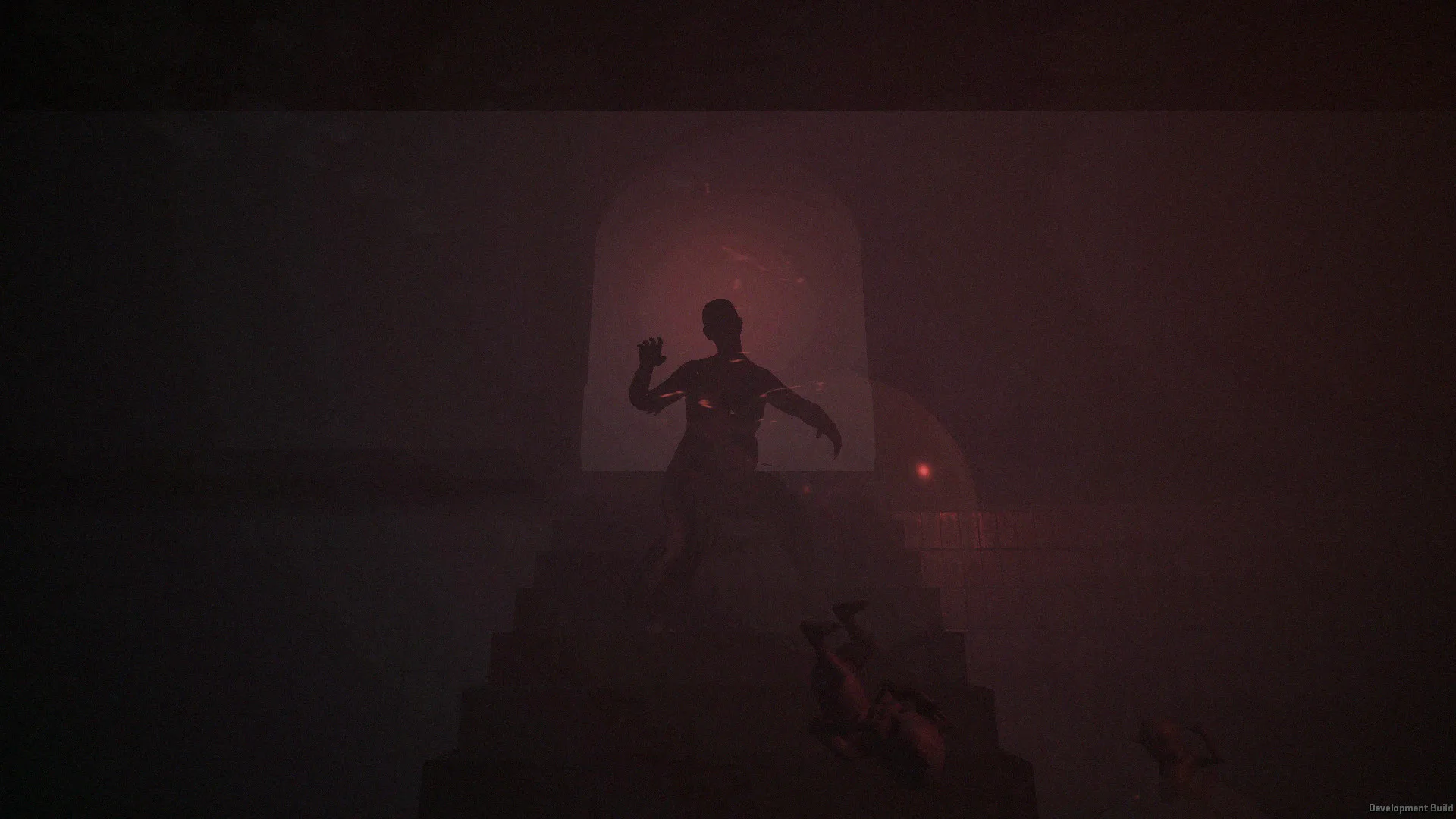 A tall figure stands under a lit archway at the end of a red-walled tunnel