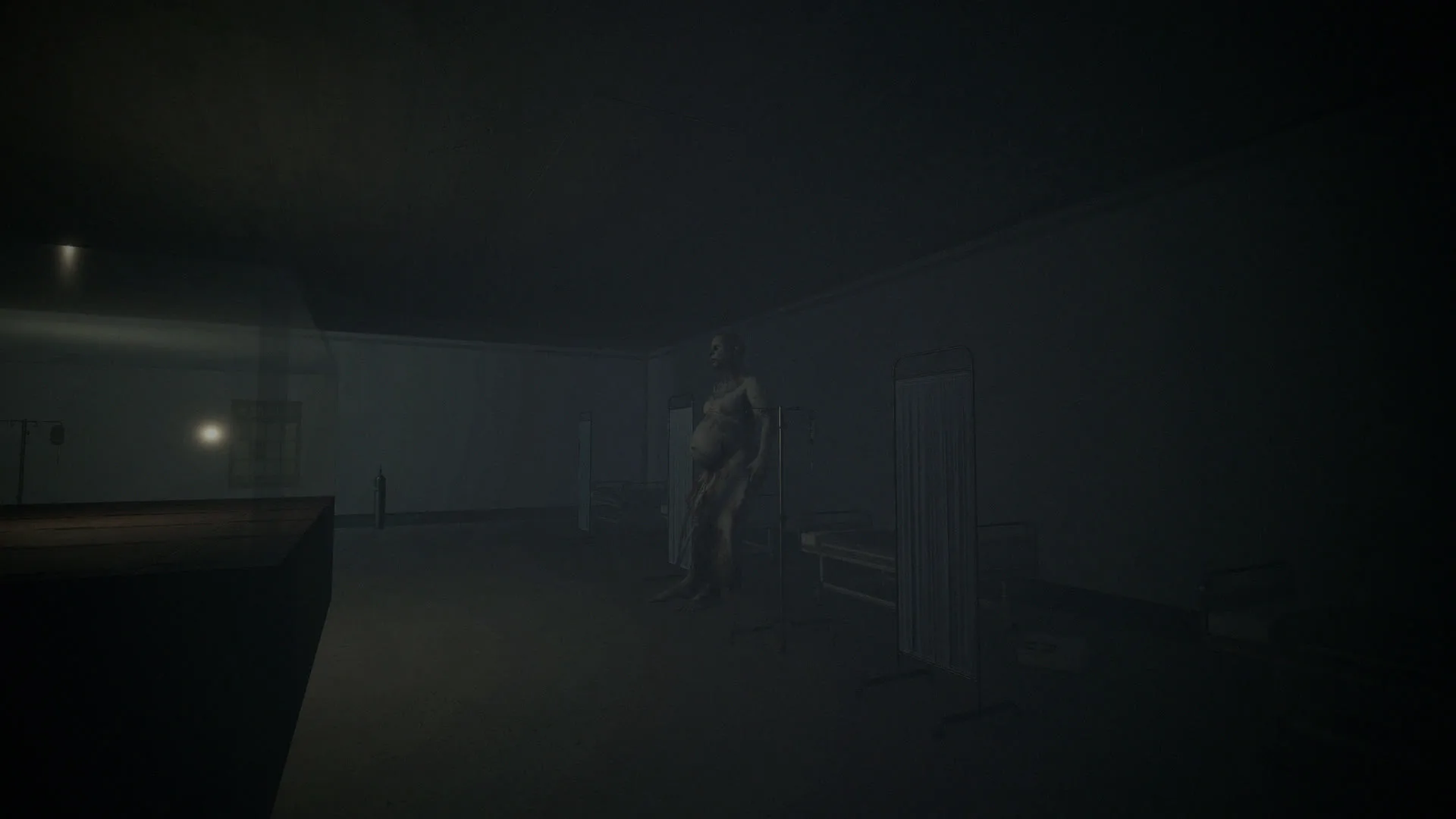 A figure stands among the beds and curtain screens of a fogged hospital ward