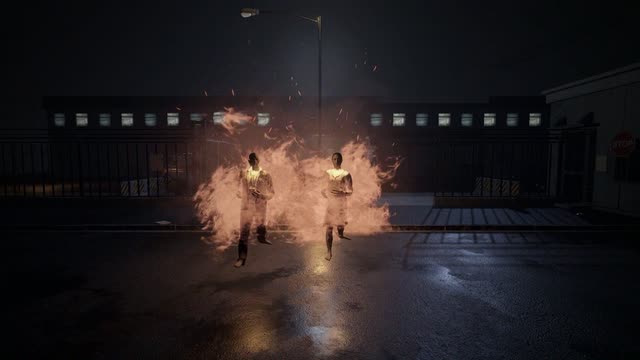 Bodies burning in a pool of fire on a dark Ashbrook street