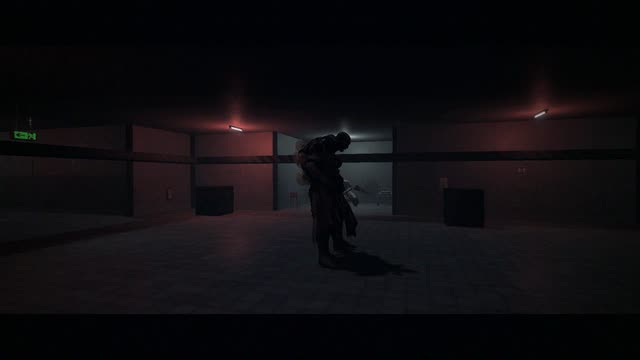 A figure crosses a red-lit corridor under Ashbrook Memorial